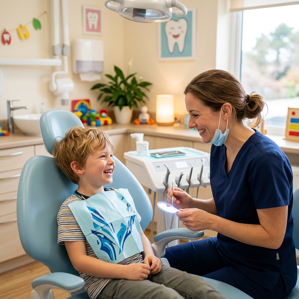 Friendly dentist providing gentle pediatric dental care to a child